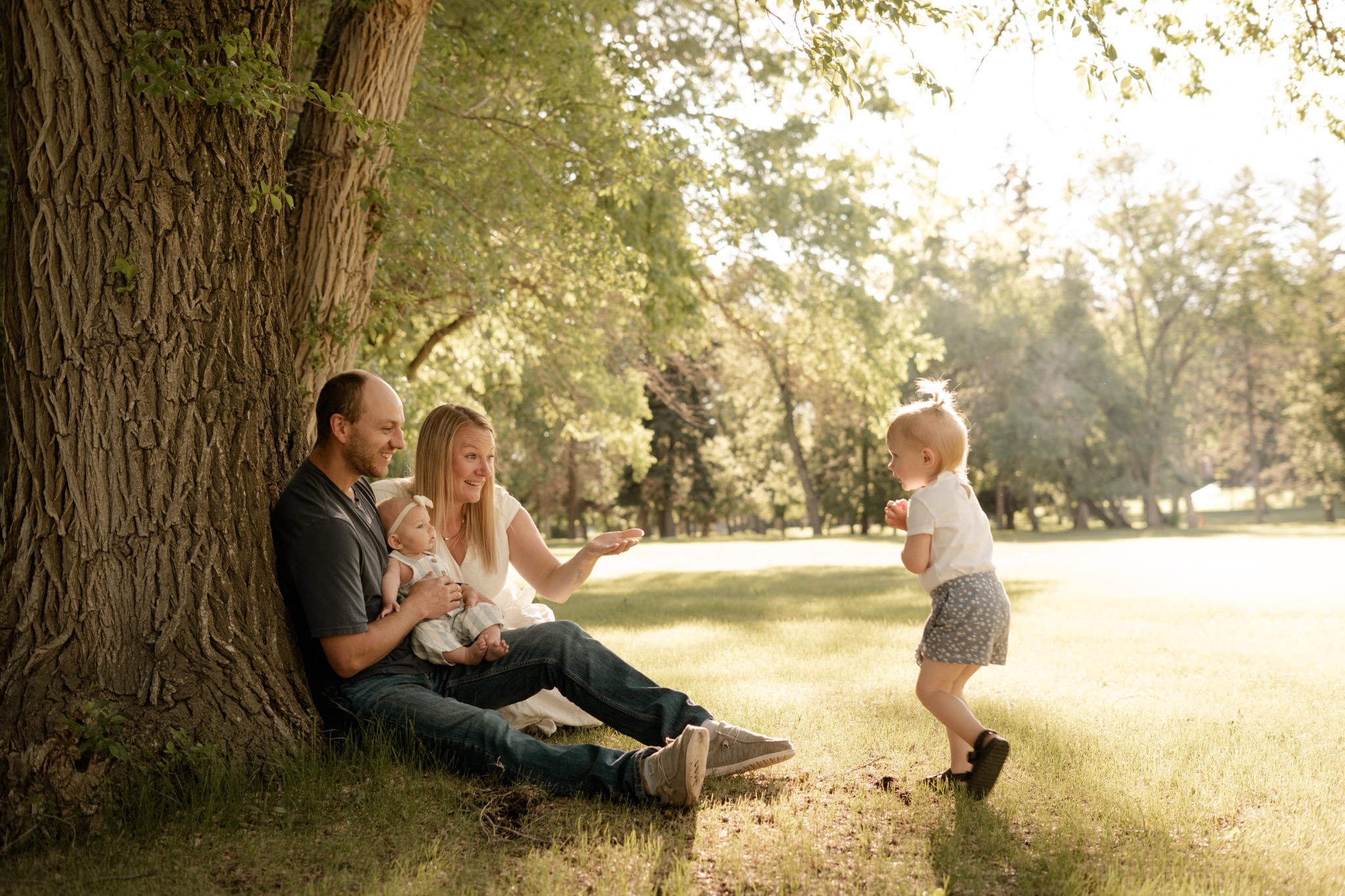 A family playing together beneath a large tree
